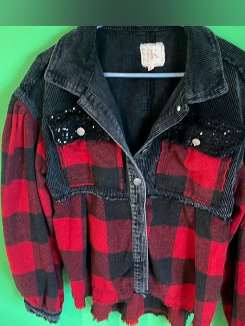 JK Designs Black and Red Plaid Corduroy Trim Jacket